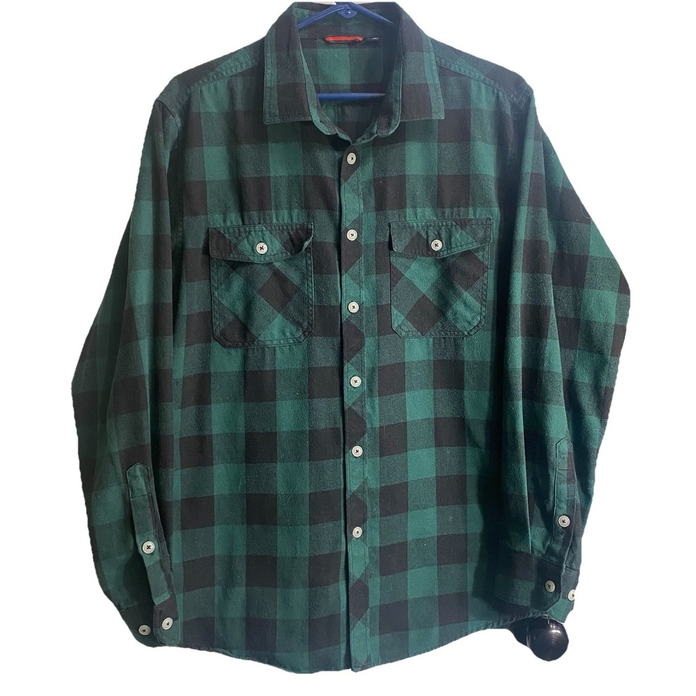 Design in Italy Men's L Flannel Shirt Green Black Plaid Pockets Long Sleeve
